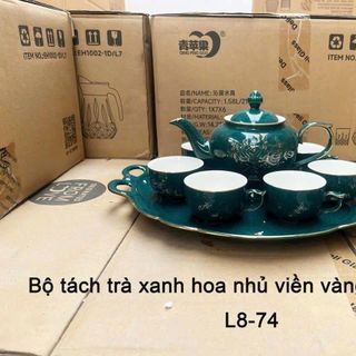 BỘ BÌNH TRÀ SỨ XANH HOA NHŨ VIỀN VÀNG CÓ KHAY (L8-74)