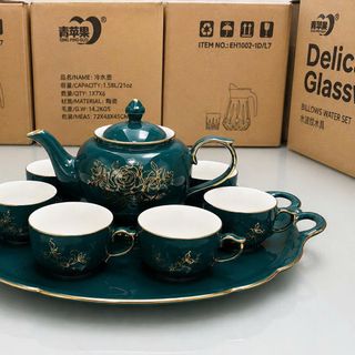 BỘ BÌNH TRÀ SỨ XANH HOA NHŨ VIỀN VÀNG CÓ KHAY (L8-74)