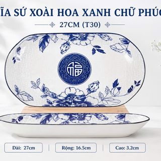 ĐĨA SỨ XOÀI HOA XANH CHỮ PHÚC 27cm (T30)