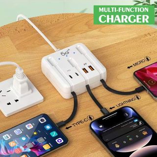 BỘ HUB CHUYỂN ĐA NĂNG 7IN1 (2PD + 2USB) KÈM DÂY LIGHTNING + TYPE-C + MICRO TỔNG CÔNG SUẤT120W - BỘ CHIA CỔNG SẠC 7U 120W