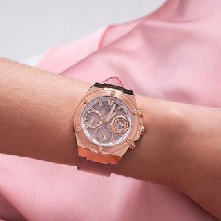 ĐỒNG HỒ NỮ CAO CẤP GUECS ECO FRIENDLY DÂY CAO SU TRONG SUỐT CHONOGRAP FULL KIM