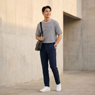 Áo PL Sọc Must Have nam.  Chất liệu cotton dệt quảng châu.