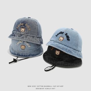 Mũ Bucket Trẻ Em Jean Thêu Gấu Lucky Baby, Mũ Tai Bèo Chống Nắng Có Dây Cho Bé Trai Bé Gái 1-5 Tuổi AB75