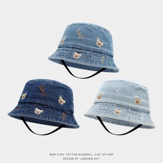 Mũ Bucket Jean Thêu Gấu Teddy Cho Bé, Mũ Vành Tròn Chống Nắng Thời Trang Hàn Quốc AB74