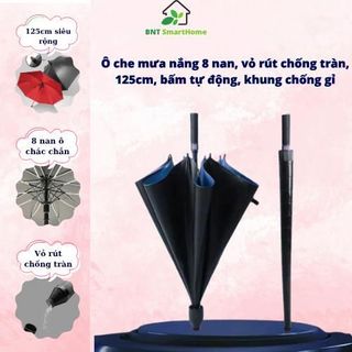 Ô Dù Cỡ Lớn Che Mưa , Có Vỏ Rút Chống Tràn 125cm, 8 nan, bấm tự động, chống UV, Khung Carbon Chống Gỉ