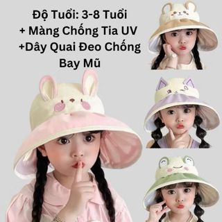 Mũ Vành Rộng Che Nắng  Cho Bé 2-10 Tuổi , Nắng Hở Chóp Họa Tiết Hoạt Hình Dễ Thương Cho Bé
