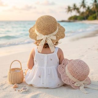 Mũ Cói Đi Biển Cho Bé Gái Kahats Vành Rộng Chống Nắng Ren Xinh Xắn Gấp Gọn Không Bị Mất Phom