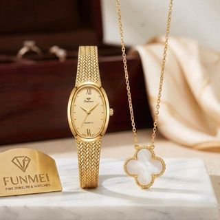 SET ĐỒNG HỒ NỮ CHÍNH HÃNG FUNMEI FL2147 MẶT OVAN DÂY LƯỚI LỤA FULLBOX