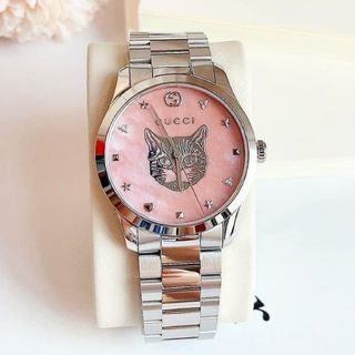 ĐỒNG HỒ NỮ CAO CẤP GUCHY DÂY THÉP BẠC MẶT MÈO HỒNG