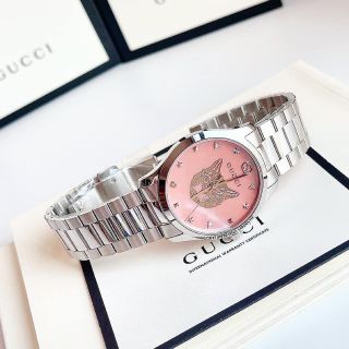 ĐỒNG HỒ NỮ CAO CẤP GUCHY DÂY THÉP BẠC MẶT MÈO HỒNG