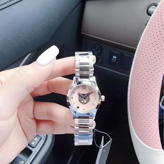 ĐỒNG HỒ NỮ CAO CẤP GUCHY DÂY THÉP BẠC MẶT MÈO HỒNG