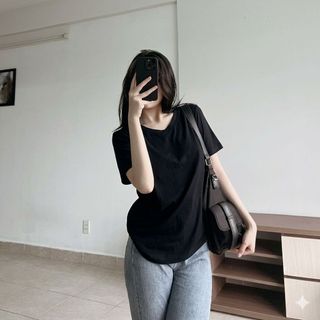 Áo Thun Nữ Cổ Tim COSSENN – Cotton Mềm Mát, Co Giãn Nhẹ, Form Basic Dễ Phối | Áo Thun Nữ Giá Rẻ