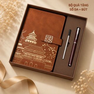 Bộ quà tặng sổ da và bút gồm ngòi dự phòng + hộp, túi quà giấy cứng