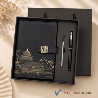 Bộ quà tặng sổ da và bút gồm ngòi dự phòng + hộp, túi quà giấy cứng