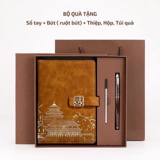Bộ quà tặng sổ da và bút gồm ngòi dự phòng + hộp, túi quà giấy cứng