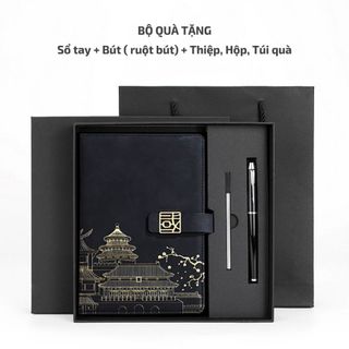 Bộ quà tặng sổ da và bút gồm ngòi dự phòng + hộp, túi quà giấy cứng