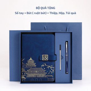 Bộ quà tặng sổ da và bút gồm ngòi dự phòng + hộp, túi quà giấy cứng