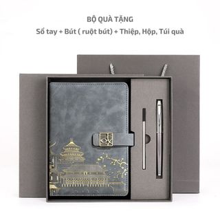 Bộ quà tặng sổ da và bút gồm ngòi dự phòng + hộp, túi quà giấy cứng