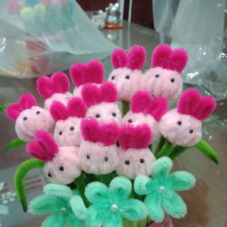 chậu hoa thỏ làm sẵn bằng kẽm nhung - trang trí bàn làm việc, bàn học-Quà Tặng Dễ Thương, Độc Đáo