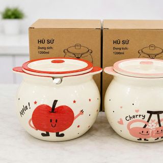 HỦ ĐỰNG MỠ SỨ HOẠ TIẾT CÓ 2 TAI 1200ml