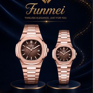 ĐỒNG HỒ CẶP CHÍNH HÃNG FUNMEI F8020 DÂY THÉP HỒNG VÀNG MẶT VUÔNG FULLBOX