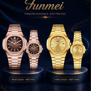 ĐỒNG HỒ CẶP CHÍNH HÃNG FUNMEI F8020 DÂY THÉP HỒNG VÀNG MẶT VUÔNG FULLBOX