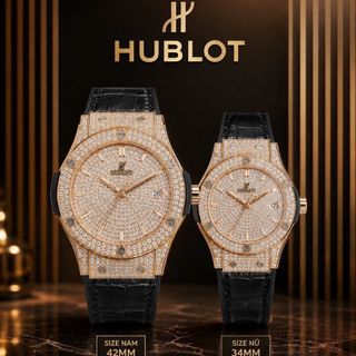ĐỒNG HỒ COUPLE CAO CẤP HUPOT GOLD ROSE MẶT FULL HỘT DÂY CAO SU NẸP DA