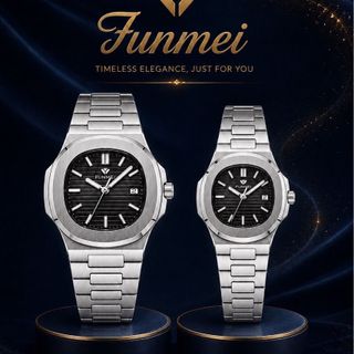 ĐỒNG HỒ CẶP CHÍNH HÃNG FUNMEI F8020 DÂY THÉP BẠC MẶT VUÔNG FULLBOX