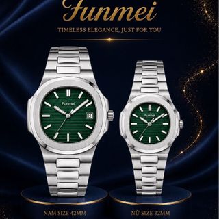 ĐỒNG HỒ CẶP CHÍNH HÃNG FUNMEI F8020 DÂY THÉP BẠC MẶT VUÔNG FULLBOX
