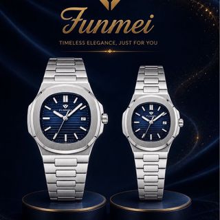 ĐỒNG HỒ CẶP CHÍNH HÃNG FUNMEI F8020 DÂY THÉP BẠC MẶT VUÔNG FULLBOX