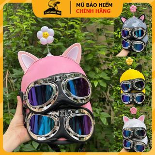 Nón bảo hiểm nửa đầu kính phi công kèm TAI MÈO 2 màu gắn mũ bảo hiểm 1/2 dễ thương,tặng kèm stiker dán mũ