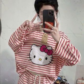 BỘ ĐÙI THUN COTTON SỌC ĐỎ HELLO KITTY