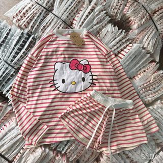 BỘ ĐÙI THUN COTTON SỌC ĐỎ HELLO KITTY