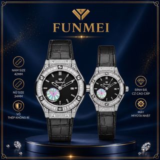 ĐỒNG HỒ NAM NỮ CHÍNH HÃNG FUNMEI F1503 VIỀN ĐÁ VỎ BẠC FULLBOX