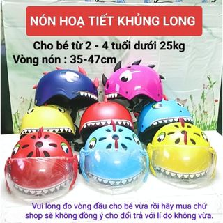 Mũ / Nón bảo hiểm trẻ em 2-4 tuổi( dưới 25kg) họa tiết khủng long dễ thương (vòng đầu 35-47cm/nặng400g )