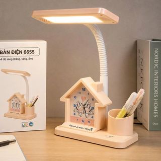 ĐÈN HỌC LED ĐỂ BÀN 6655 TÍCH HỢP ĐỒNG HỒ BÁO THỨC & ỐNG ĐỰNG BÚT - 3 CHẾ ĐỘ