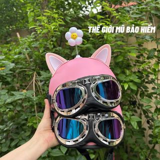 Nón bảo hiểm nửa đầu kính phi công kèm TAI MÈO 2 màu gắn mũ bảo hiểm 1/2 dễ thương,tặng kèm stiker dán mũ
