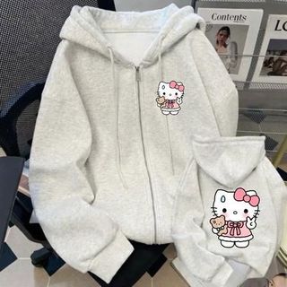 Áo Hoodie form rộng có khóa kéo và túi cho bé phong cách thời trang Hàn Quốc chất liệu cotton mền mịn với họa tiết Hello Kitty đáng yêu
