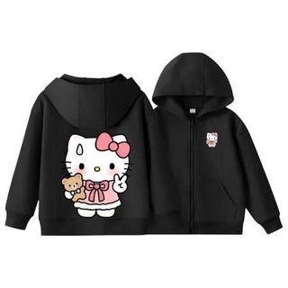 Áo Hoodie form rộng có khóa kéo và túi cho bé phong cách thời trang Hàn Quốc chất liệu cotton mền mịn với họa tiết Hello Kitty đáng yêu