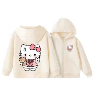 Áo Hoodie form rộng có khóa kéo và túi cho bé phong cách thời trang Hàn Quốc chất liệu cotton mền mịn với họa tiết Hello Kitty đáng yêu