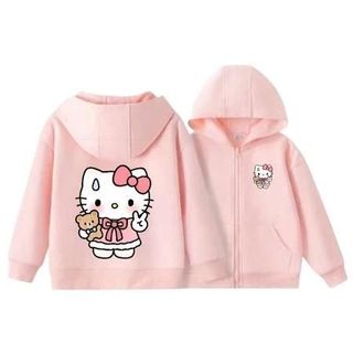 Áo Hoodie form rộng có khóa kéo và túi cho bé phong cách thời trang Hàn Quốc chất liệu cotton mền mịn với họa tiết Hello Kitty đáng yêu