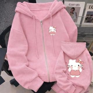 Áo Hoodie In Hình Mèo Dễ Thương Phong Cách Hàn Quốc Màu Hồng Thiết Kế Dễ Thương
