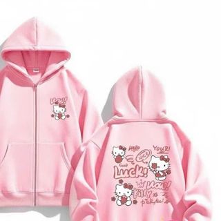 Áo Khoác Hoodie Zip Chất Nỉ Form Rộng Thoải Mái In Hình Động Vật Chất Liệu Mềm Mại Thoải Mái cho bé gái Nữ Hello Kitty