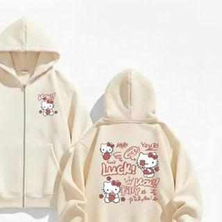 Áo Khoác Hoodie Zip Chất Nỉ Form Rộng Thoải Mái In Hình Động Vật Chất Liệu Mềm Mại Thoải Mái cho bé gái Nữ Hello Kitty