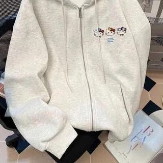 Hello Kitty Áo Khoác Nỉ Bé Gái Kéo Khóa Có Mũ Form Rộng Cá Tính Chất Liệu Mềm Mại Thoải Mái