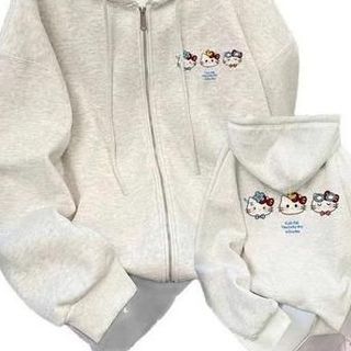 Hello Kitty Áo Khoác Nỉ Bé Gái Kéo Khóa Có Mũ Form Rộng Cá Tính Chất Liệu Mềm Mại Thoải Mái