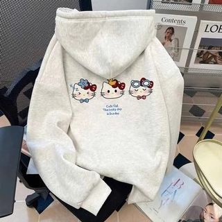 Hello Kitty Áo Khoác Nỉ Bé Gái Kéo Khóa Có Mũ Form Rộng Cá Tính Chất Liệu Mềm Mại Thoải Mái