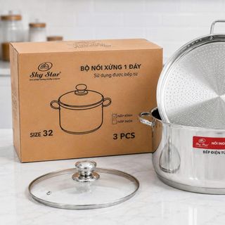 BỘ NỒI INOX XỬNG HẤP NẮP KÍNH 32cm SKY STAR