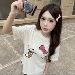 Áo thun , Áo phông ngắn tay dành cho bé gái in họa tiết hoạt hình chất liệu cotton thoáng mát