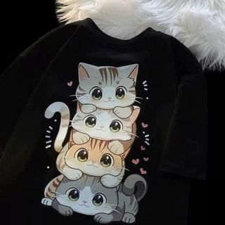 áo thun tay lỡ in 5D hình mèo cute dễ thương cho bé gái chất liệu cotton thoáng mát